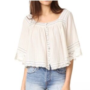 Free People Off White Blue Cropped Boho Blouse XS